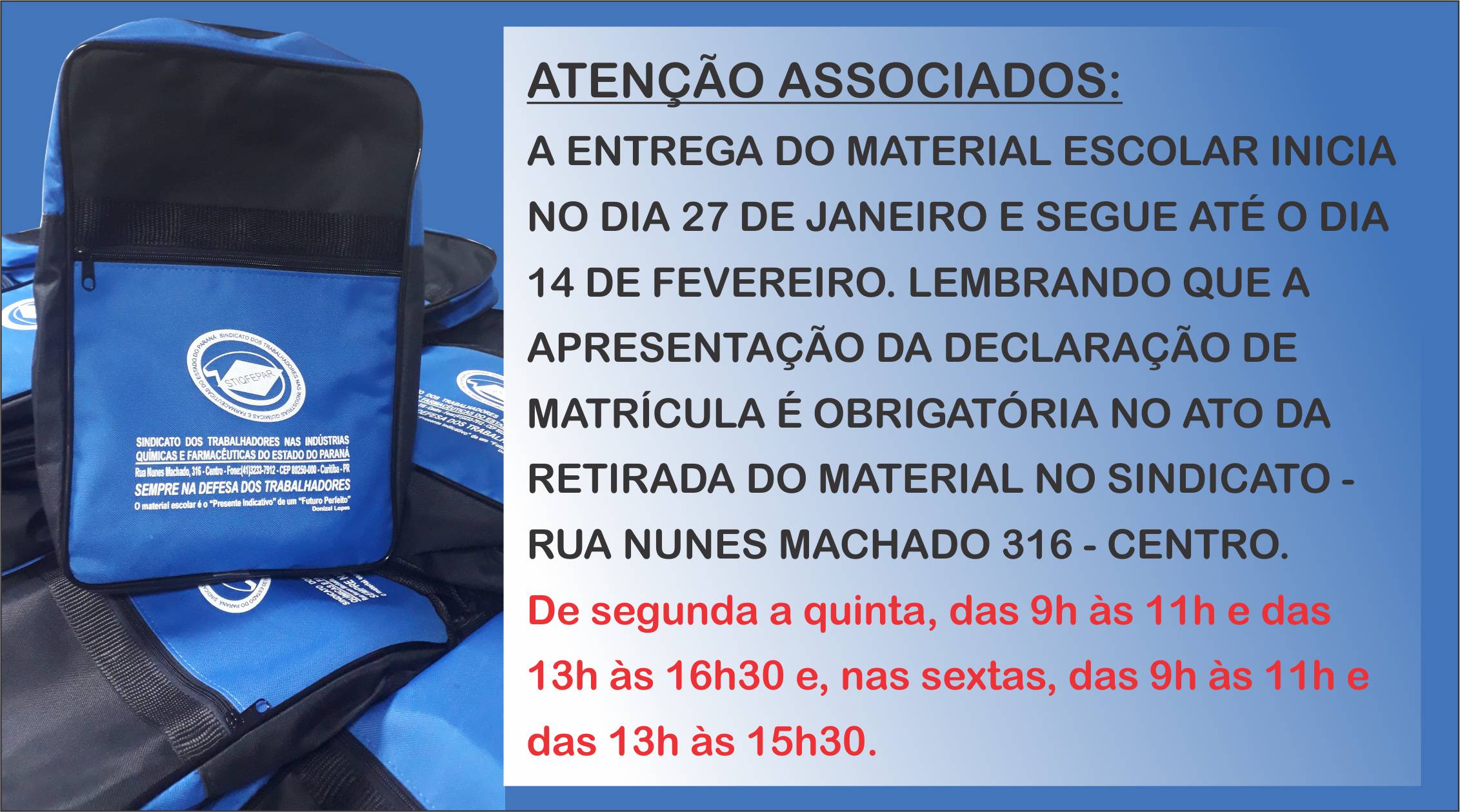 Dia 27 inicia a entrega do Material Escolar