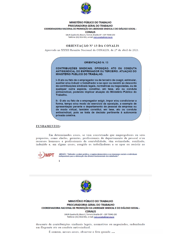 Imagem mostra parte do documento de orientação número 13 da Conalis.