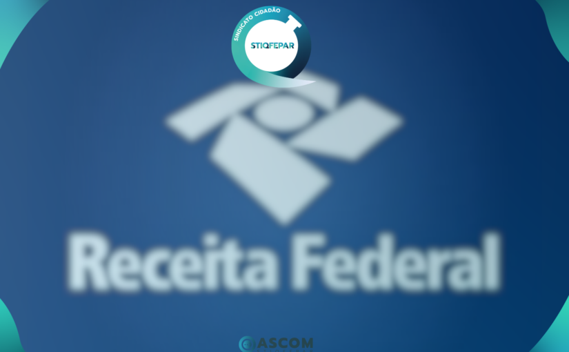 Logo da Receita Federal branco em fundo azul.